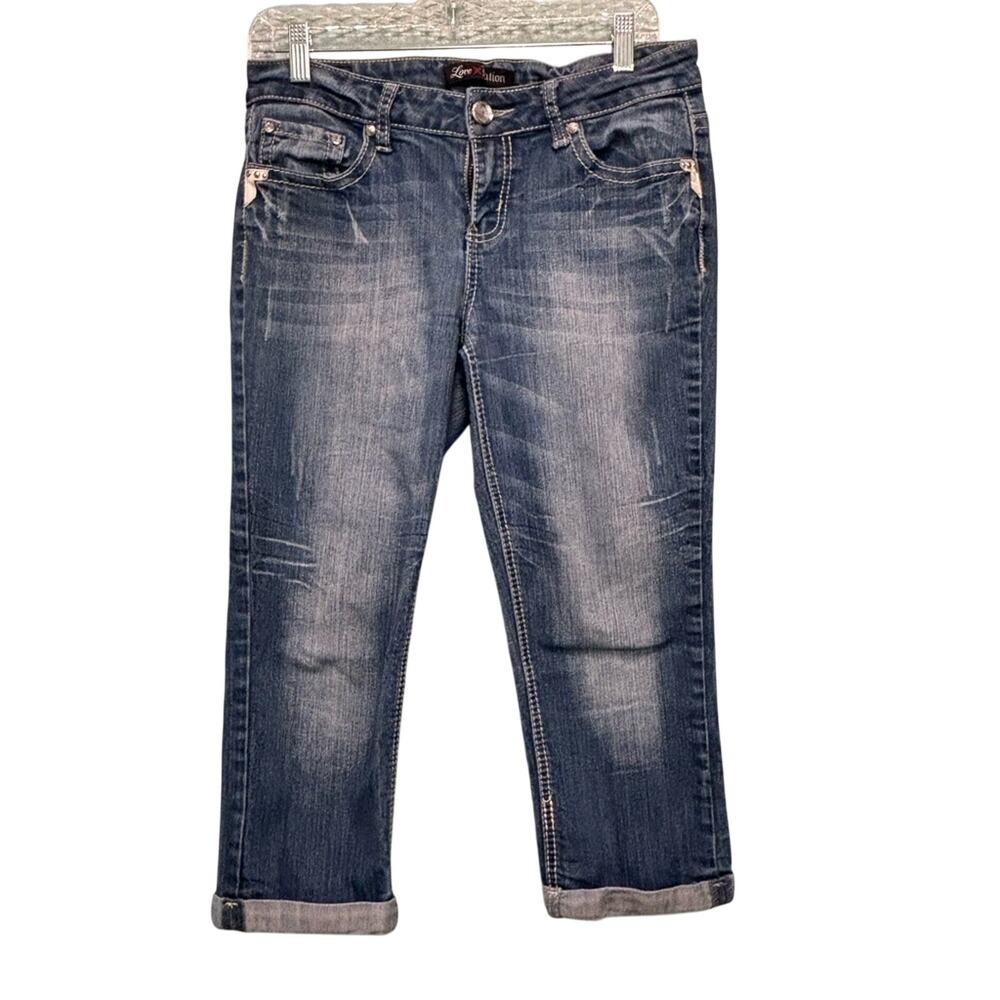 Love Nation Blue Ankle Cropped Cuffed Capri Jeans Pockets Vintage Wash Size 6